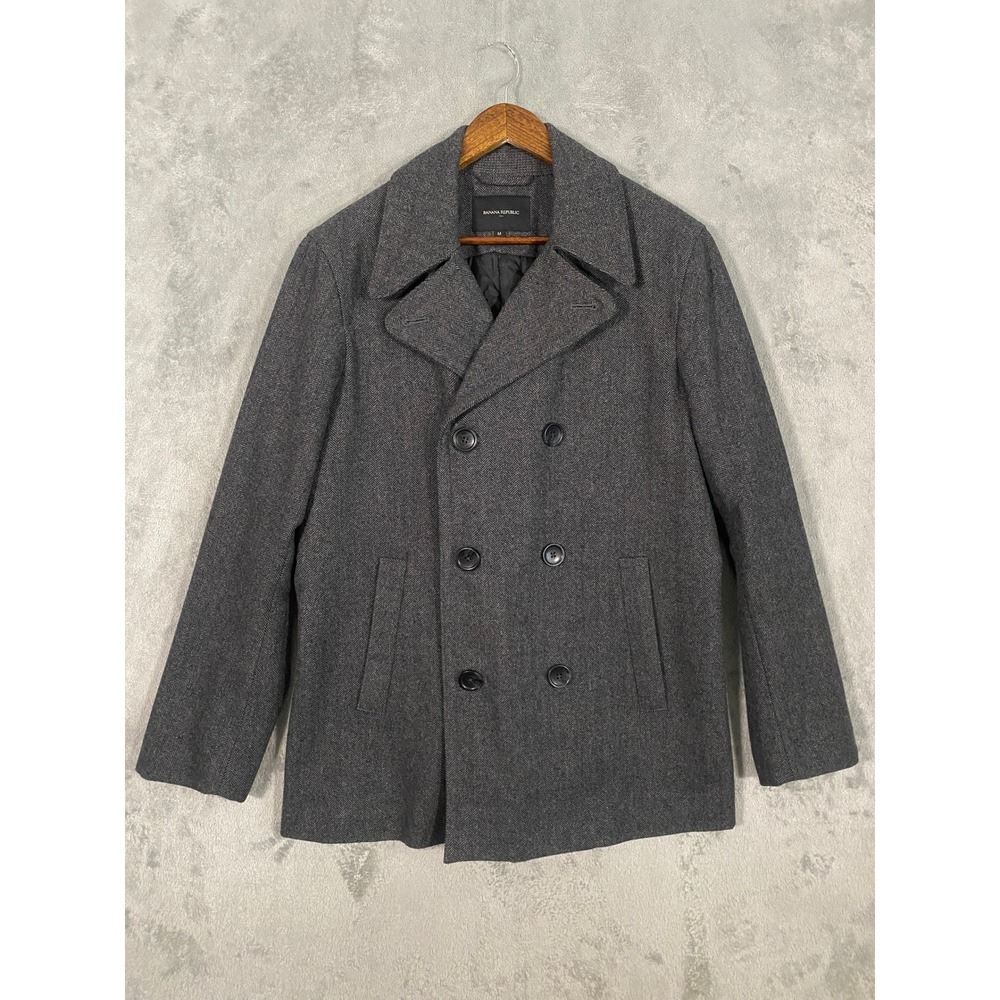 Banana Republic Peacoat Sz M Grey Wool Blend Herringbone Double Breasted Preppy